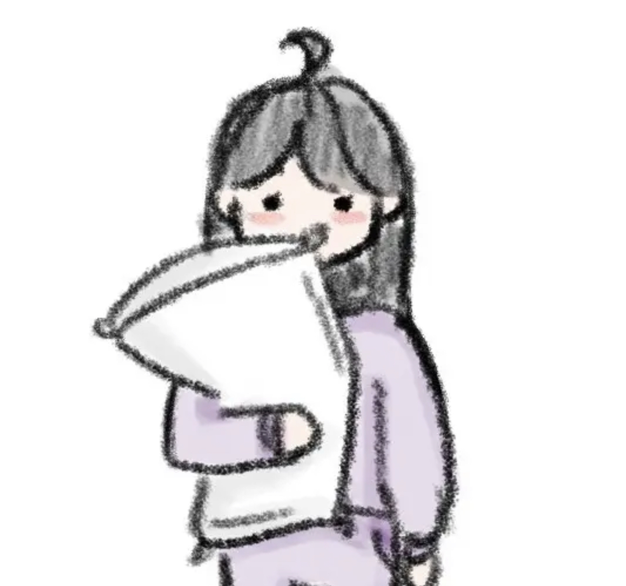 a digital drawing of a girl wearing purple pajamas and holding a pillow